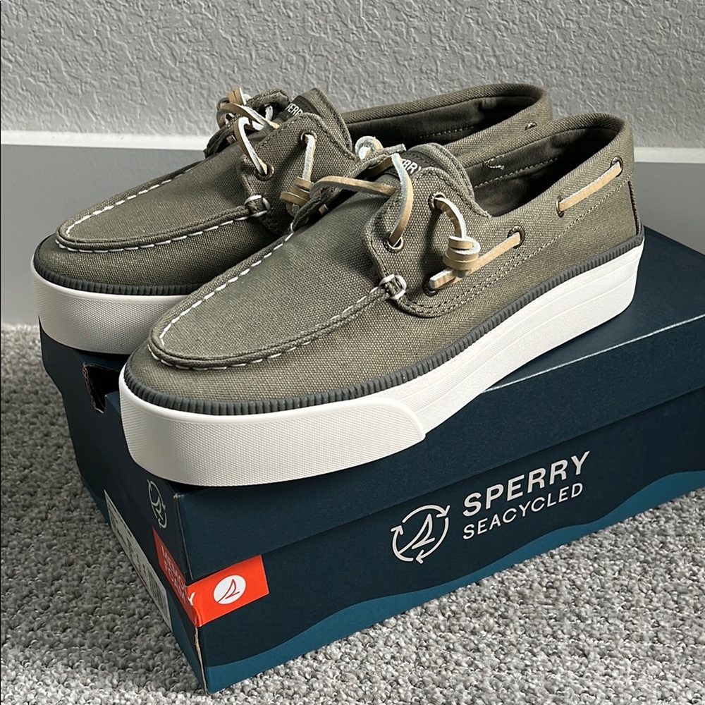 Sperry Green and White Boat Shoes with Modern Platform Sole